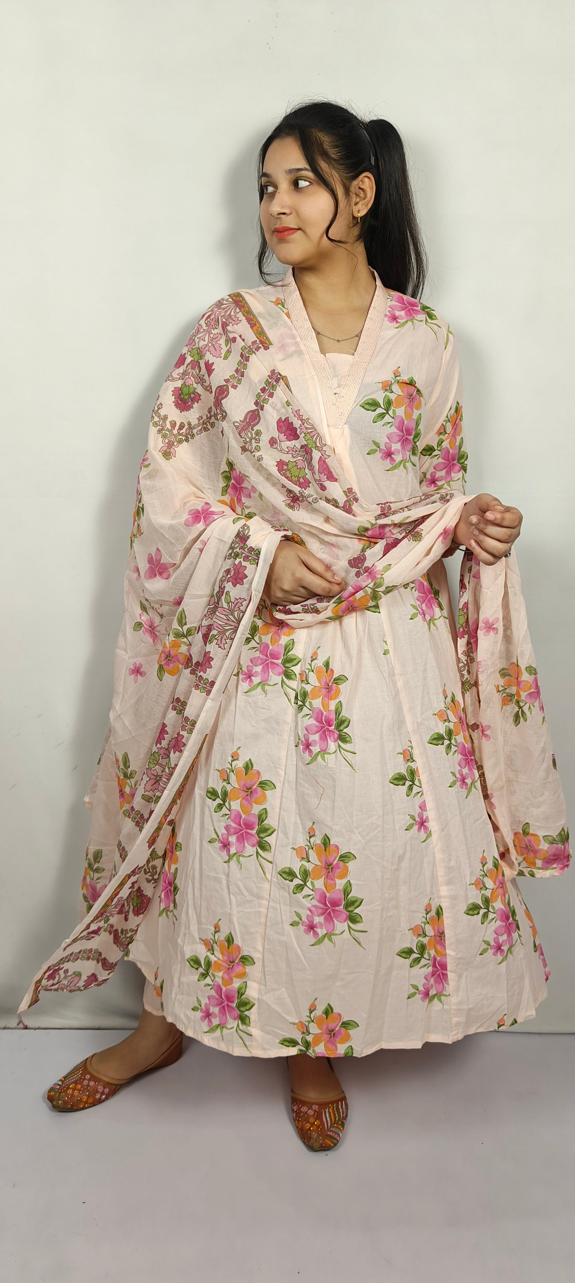 Light Pink Floral Anarkali Suit with Dupatta Set (Z0223)