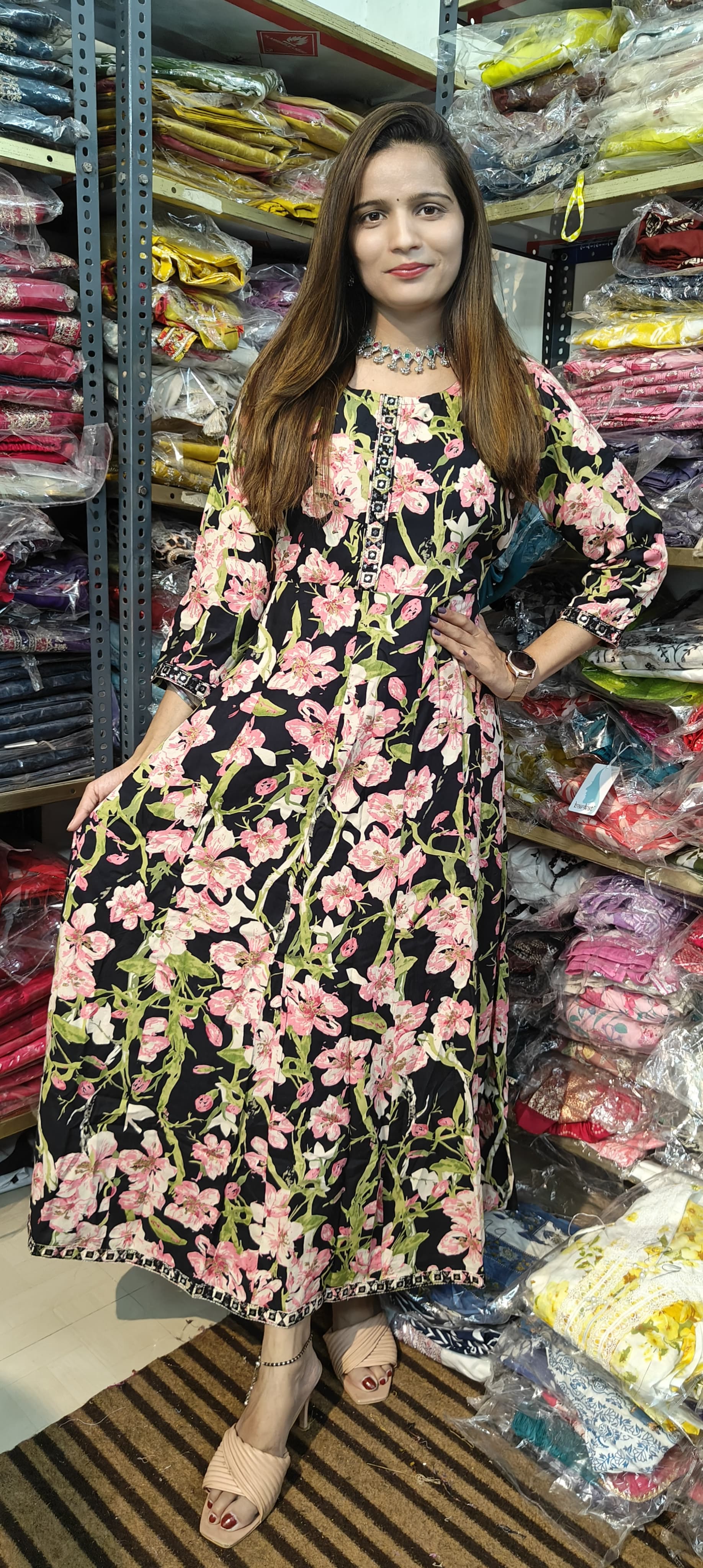 Black Pink Floral Gown (Z0192)