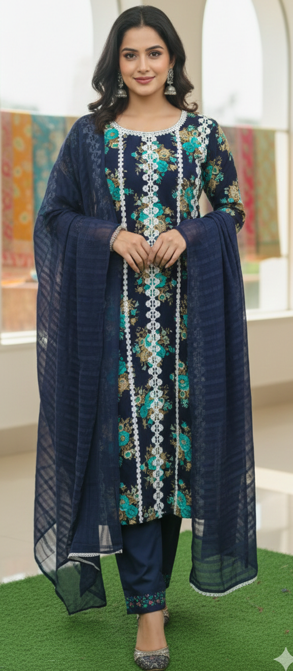 Blue colour reyon cotton 3 piece suit (Z0493)