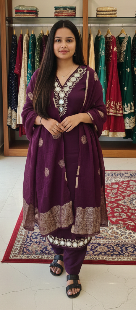 Wine colour glass silk fabric party wear suit (Z0555)