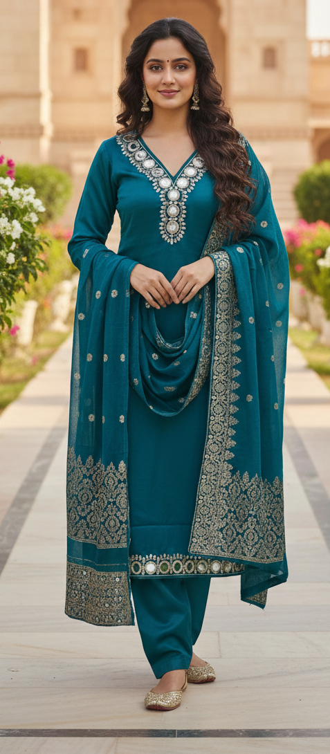 Deep teal blue colour glass silk fabric 3 piece suit (Z0558)