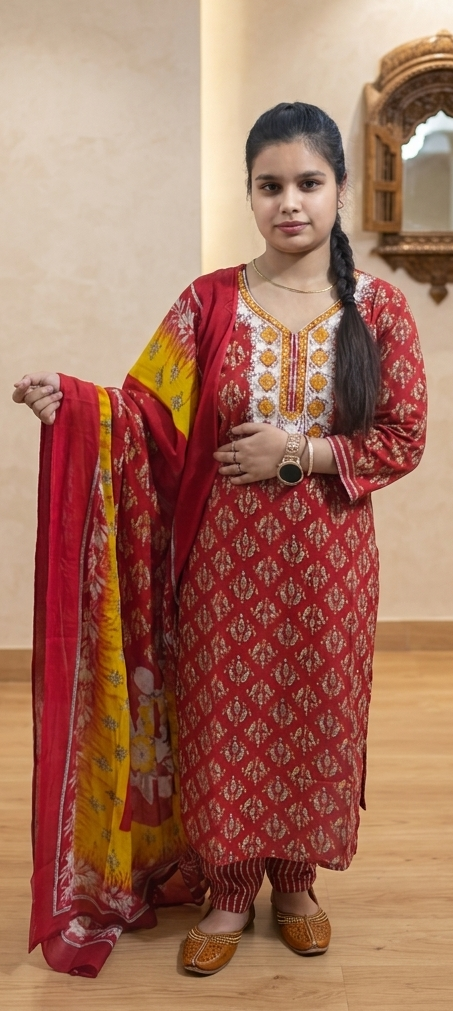 Red colour Cotton fabric 3 piece suit (Z0630)