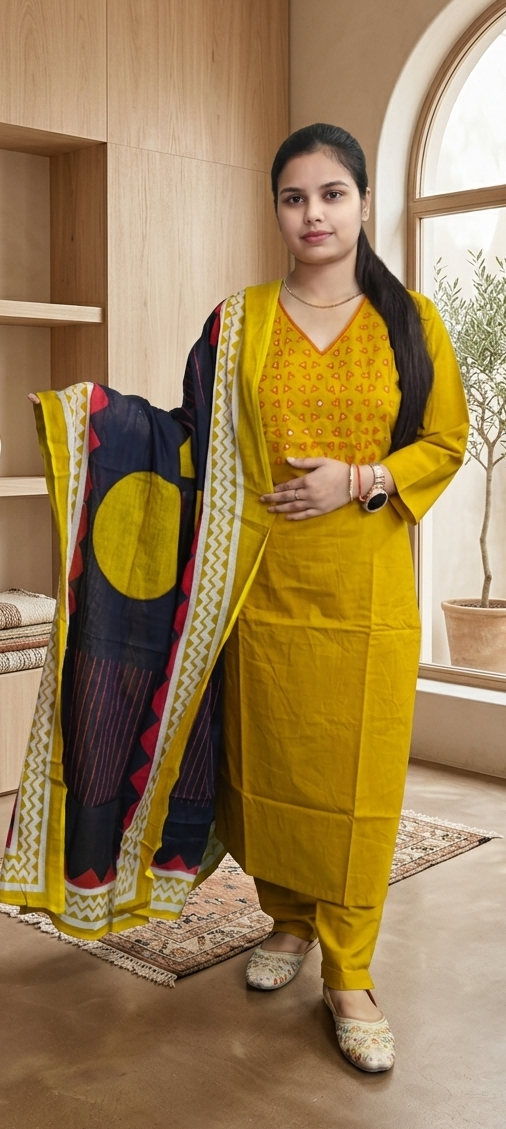 Yellow colour pure cotton 3 piece suit (Z0654)