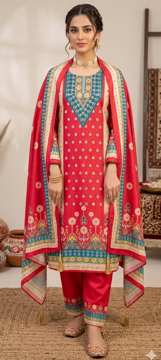 Red  colour blend cotton  fabric 3 piece suit ( Z0668)