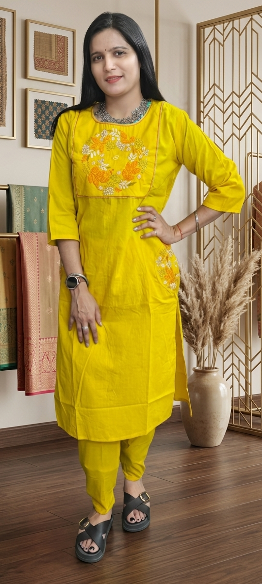 Yellow colour pure cotton fabric 2 piece suit (Z0661)