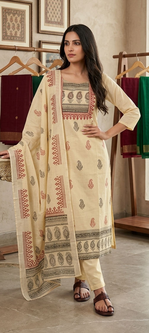 Cream colour pure cotton fabric 3 piece suit (Z0670)