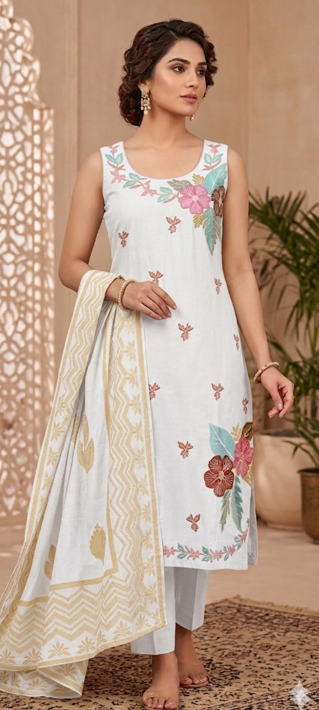 White colour pure cotton  fabric 3 piece suit (Z0675)