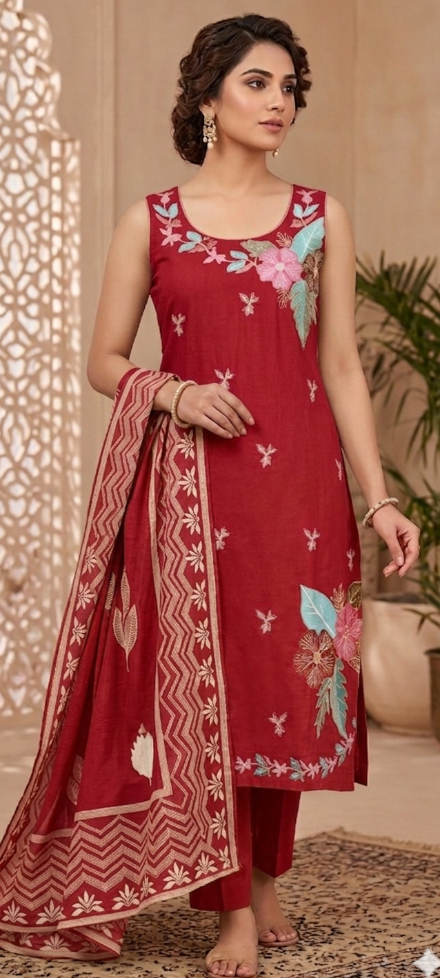 Red colour pure cotton fabric 3 piece suit (Z0677)