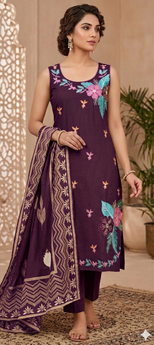 Wine colour pure cotton fabric 3 piece suit (Z0678)