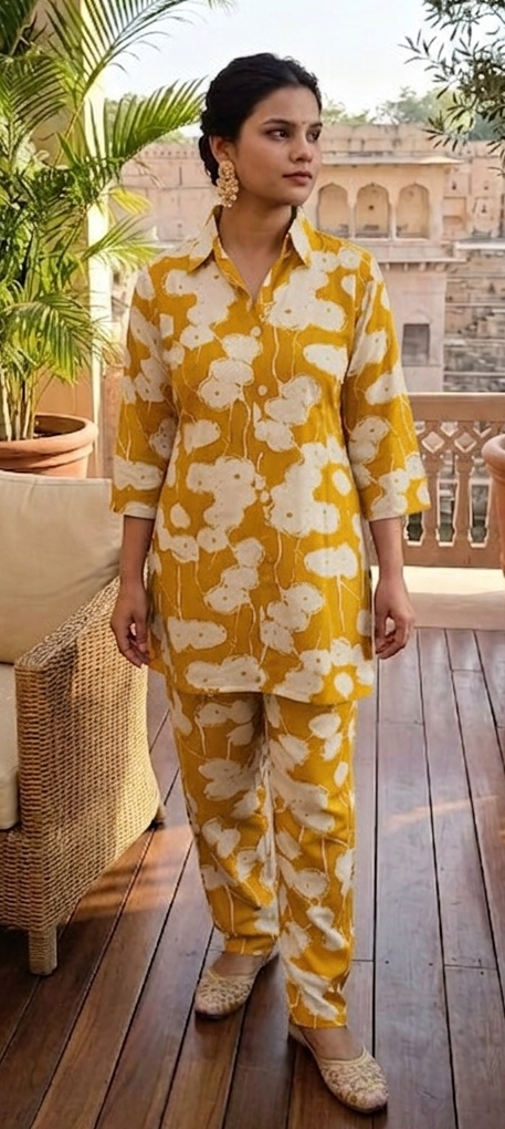 yellow colour reyon cotton fabric cordset (Z0690)