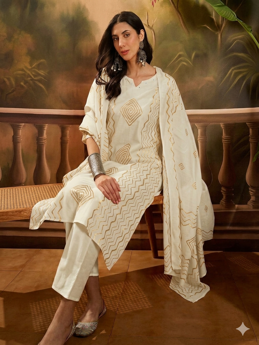 White colour reyon cotton fabric 3 piece suit (Z0700)