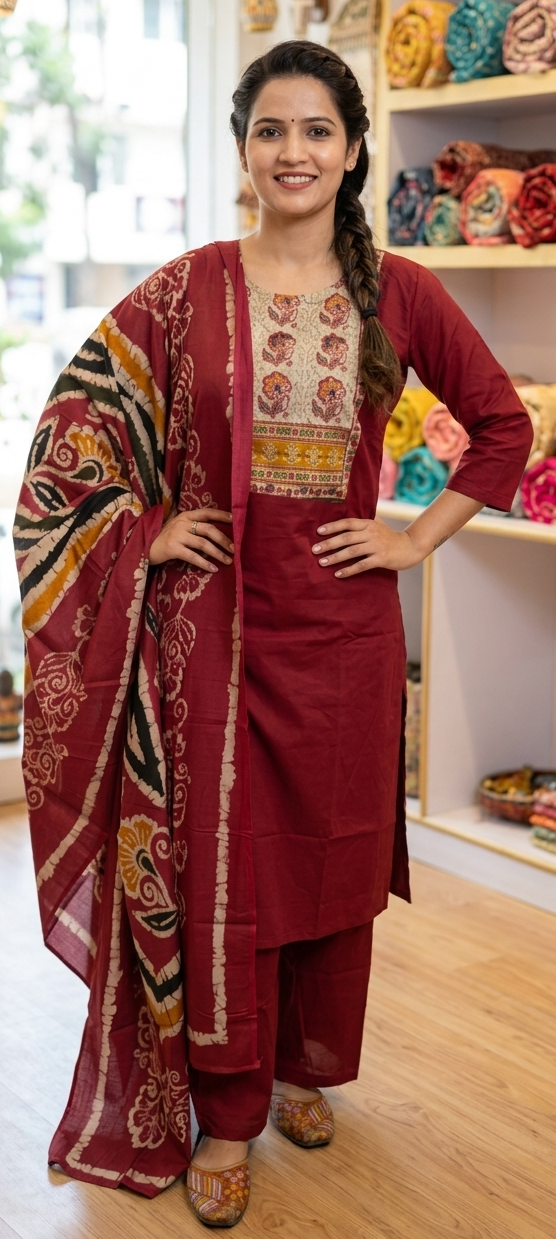 Maroon  colour pure premium cotton fabric 3 piece suit (Z0710)