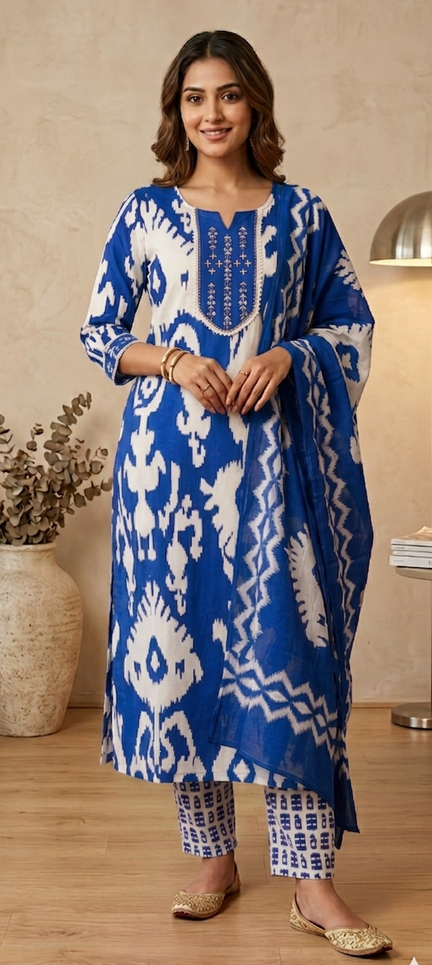 Blue colour reyon cotton fabric 3 piece suit (Z0709)