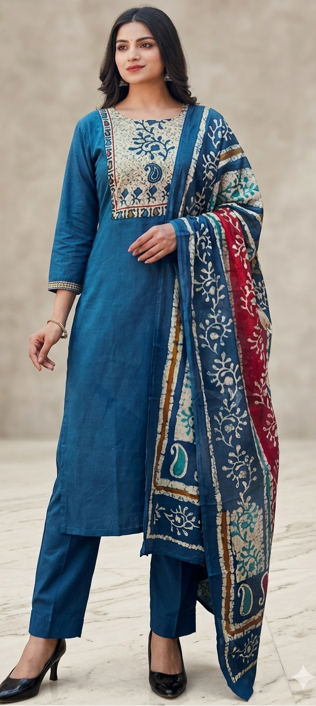 Blue colour pure premium cotton fabric 3 piece suit (Z0712)