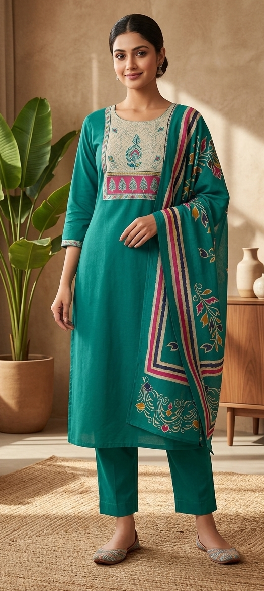 English green  colour pure premium cotton fabric 3 piece suit (Z0714)