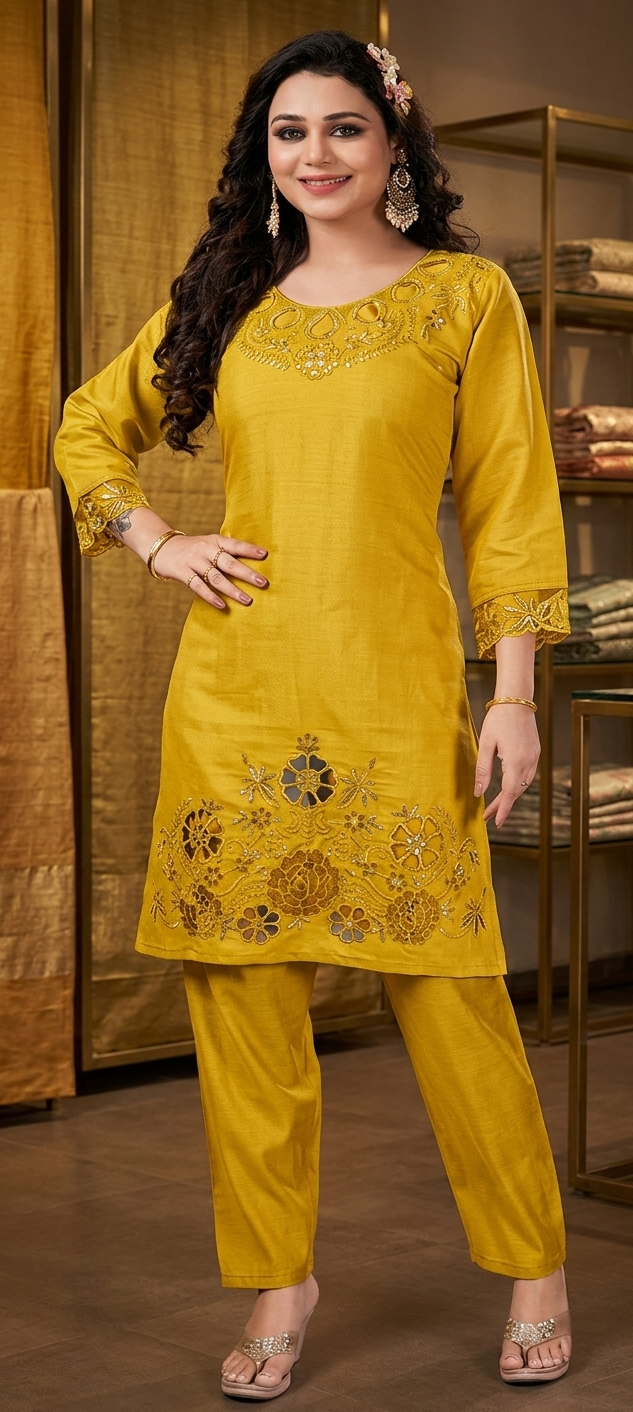Yellow colour co-ordset cotton silk fabric  2 piece (Z0720)