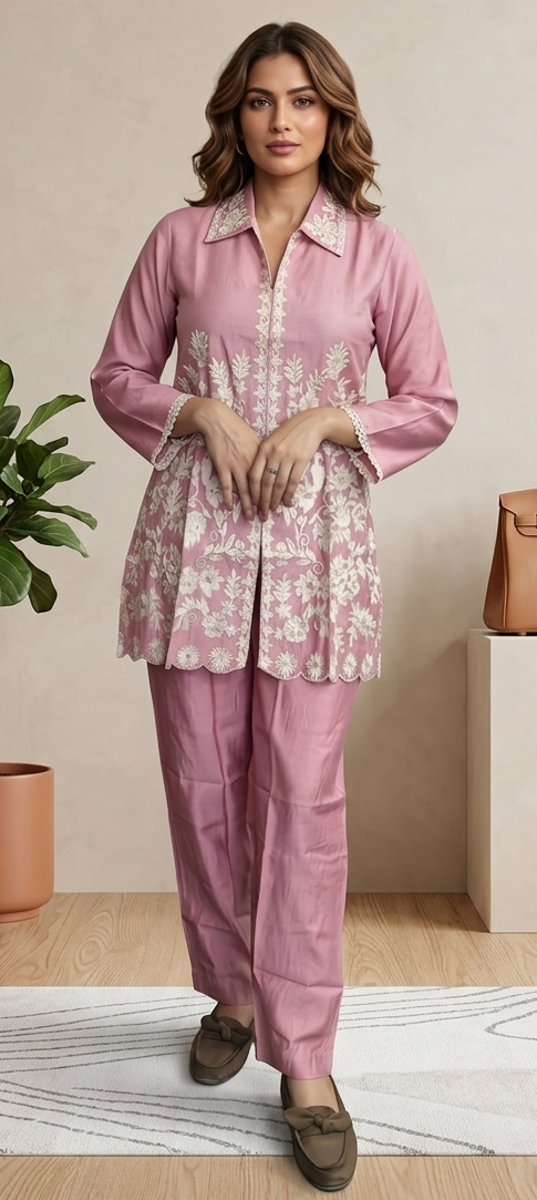 Baby pink colour  co-ordset cotton silk fabric 2 piece (Z0724)