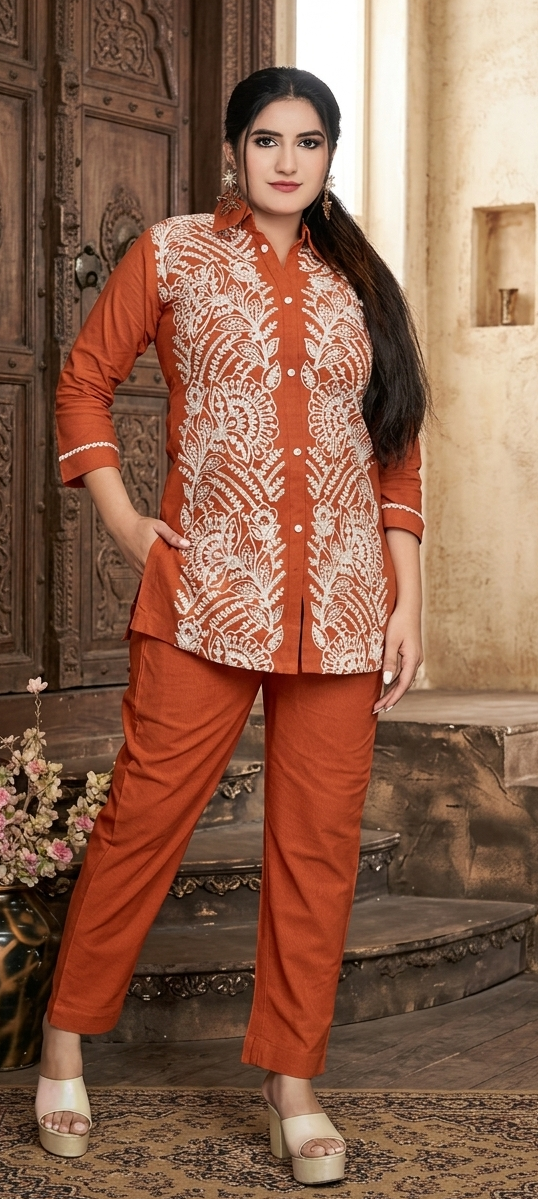 Orange colour  co-ordset khadi cotton fabric 2 piece (Z0723)