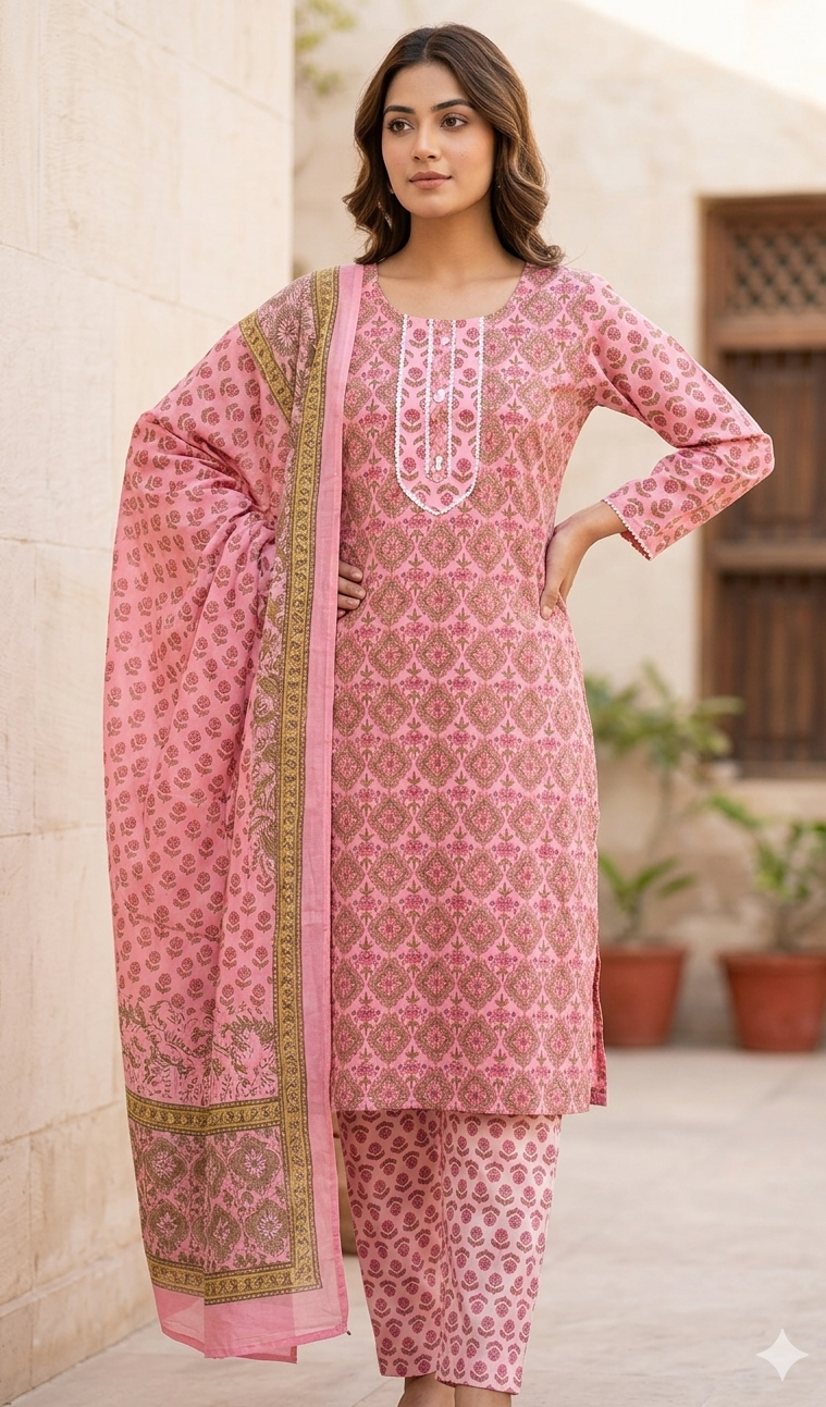 Light pink colour pure cotton fabric 3 piece suit (Z0729)