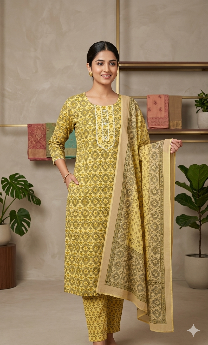 Yellow colour pure cotton fabric 3 piece suit (Z0730)