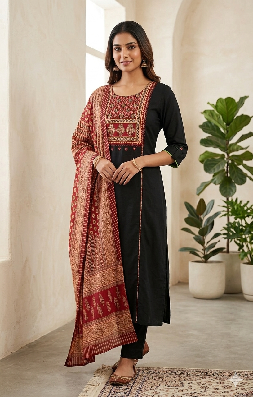 Black colour pure cotton fabric a-line 3 piece suit (Z0731)
