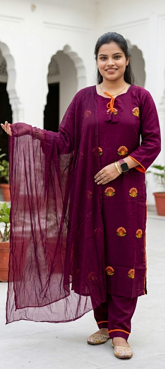 Wine colour reyon cotton fabric 3 piece suit (Z0733)