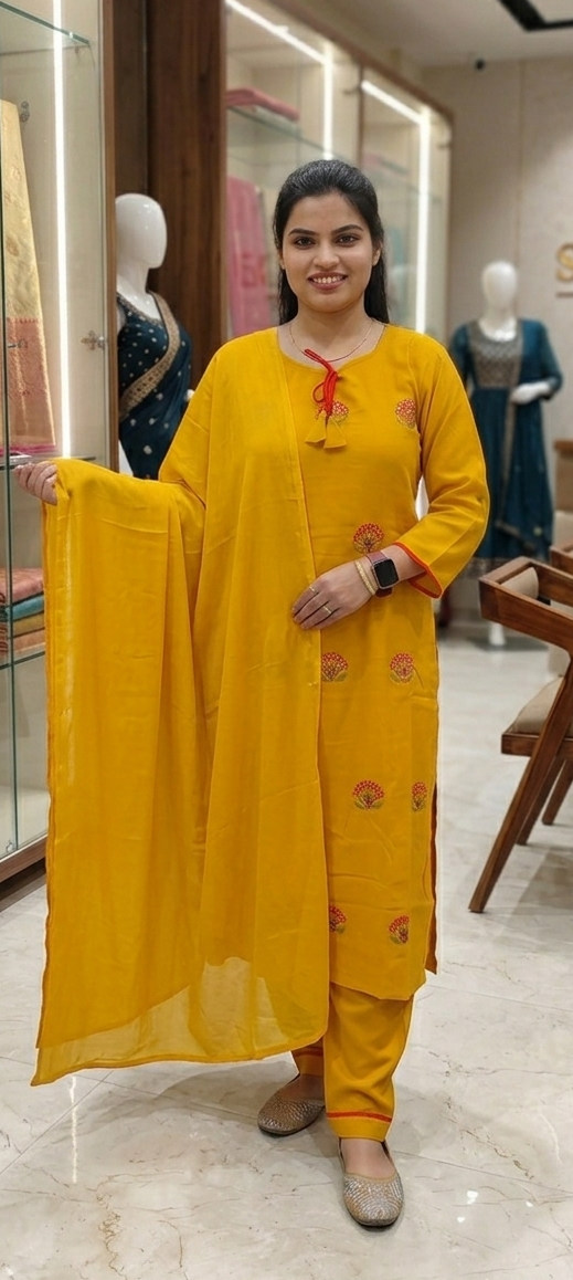 Yellow colour reyon cotton fabric 3 piece suit (Z0734)