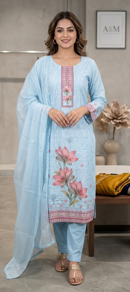 Powder blue colour cotton fabric with chikankari work (Z0754)