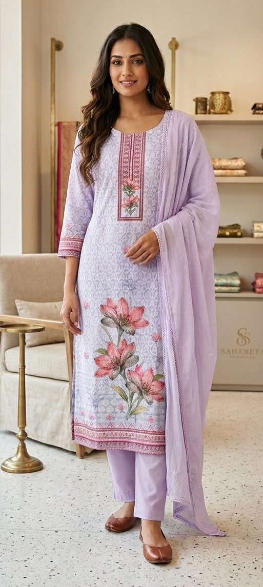 Levender colour cotton fabric with chikankari work (Z0755)