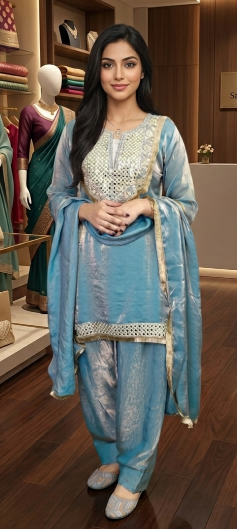Powder blue colour glass tissue fabric with mirror work party wear (Z0794)