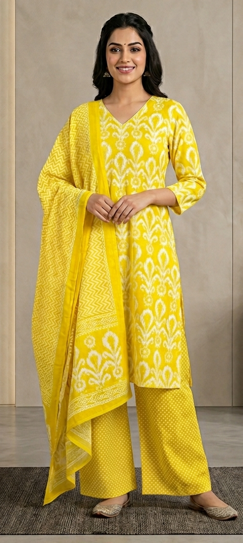 Yellow colour pure cotton fabric 3 piece suit (Z0756)