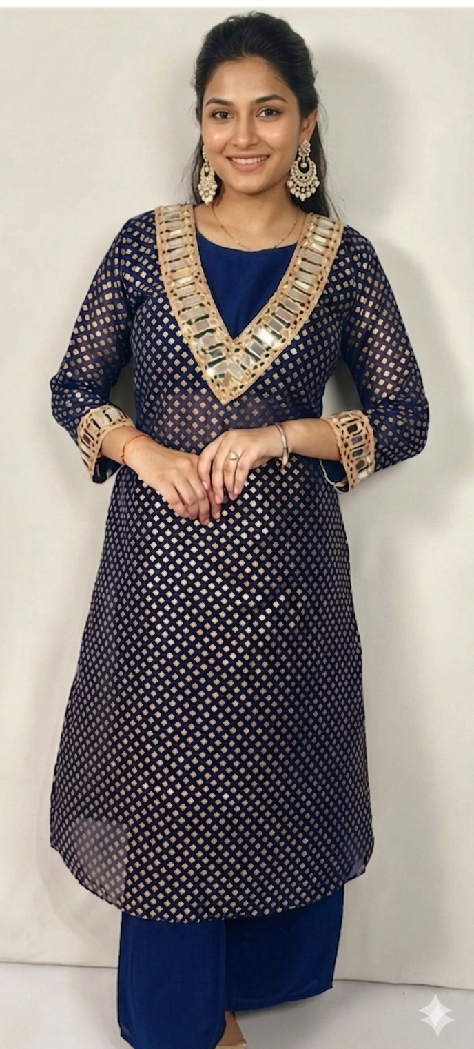 Blue colour Mirror Work Beautiful Kurta Set (Z0765)