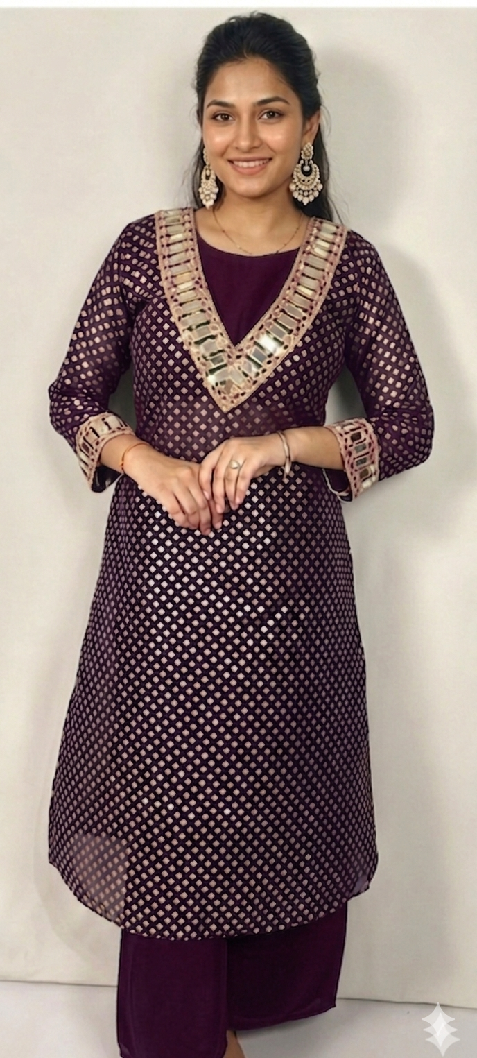 Wine colour Mirror Work Beautiful Kurta Set (ZO766)