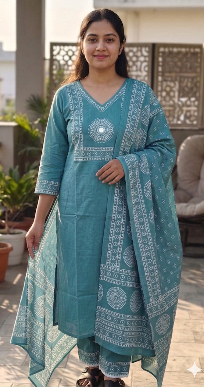 English green colour reyon cotton fabric 3 piece suit (Z0783)