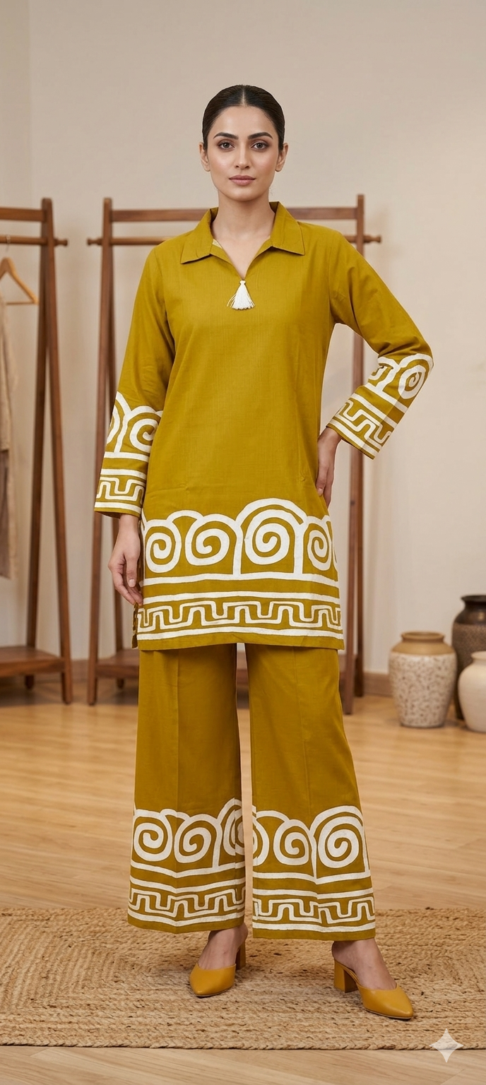 Mustard yellow colour co-ord set reyon cotton fabric (Z0792)
