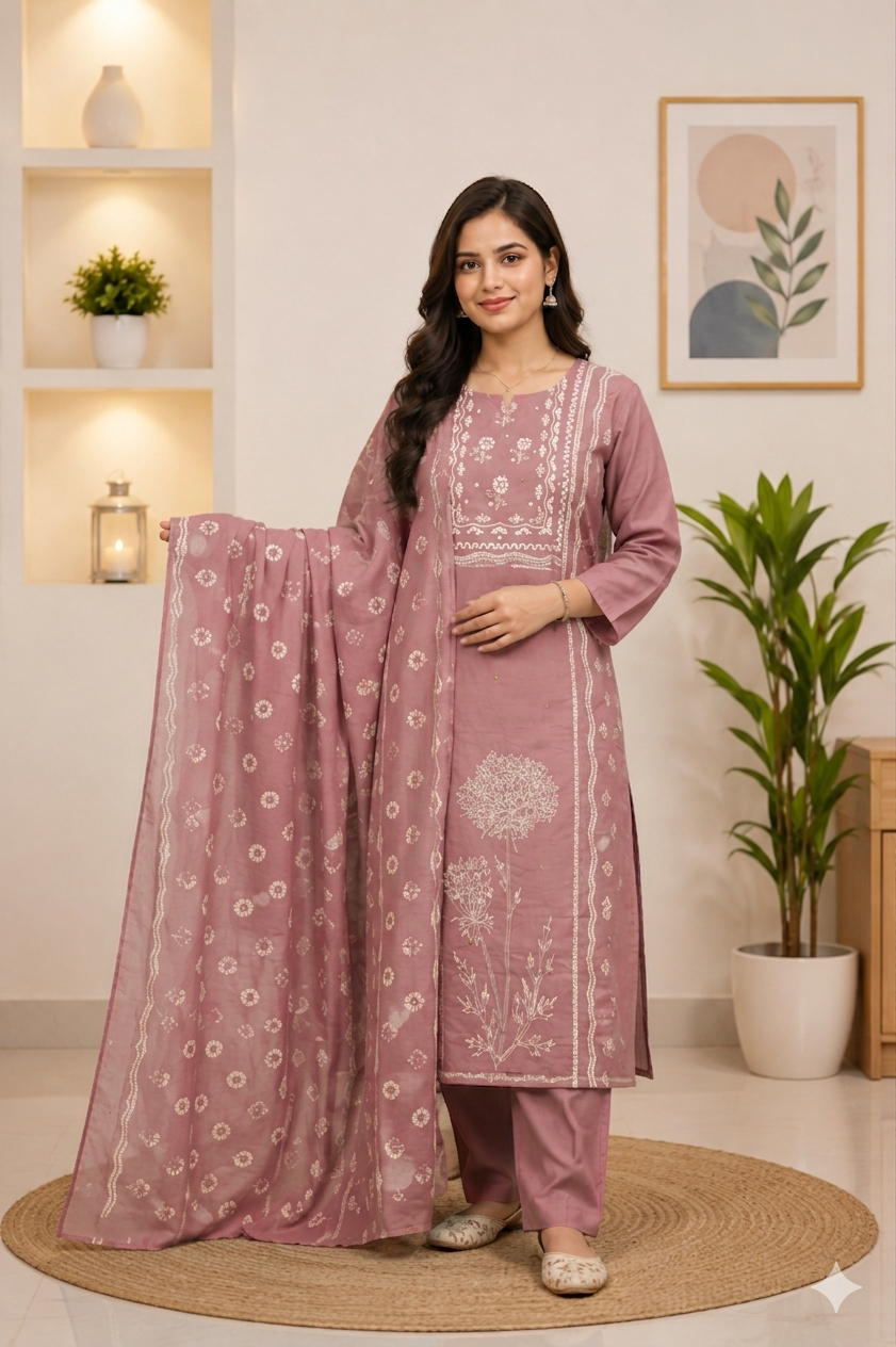 Light pink colour pure cotton fabric 3 piece suit (Z0790)