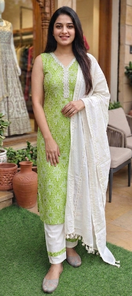 Green colour premium cotton fabric 3 piece suit (Z0797)