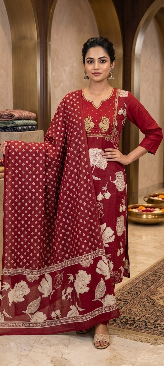 Red colour cotton fabric 3 piece suit (Z0804)