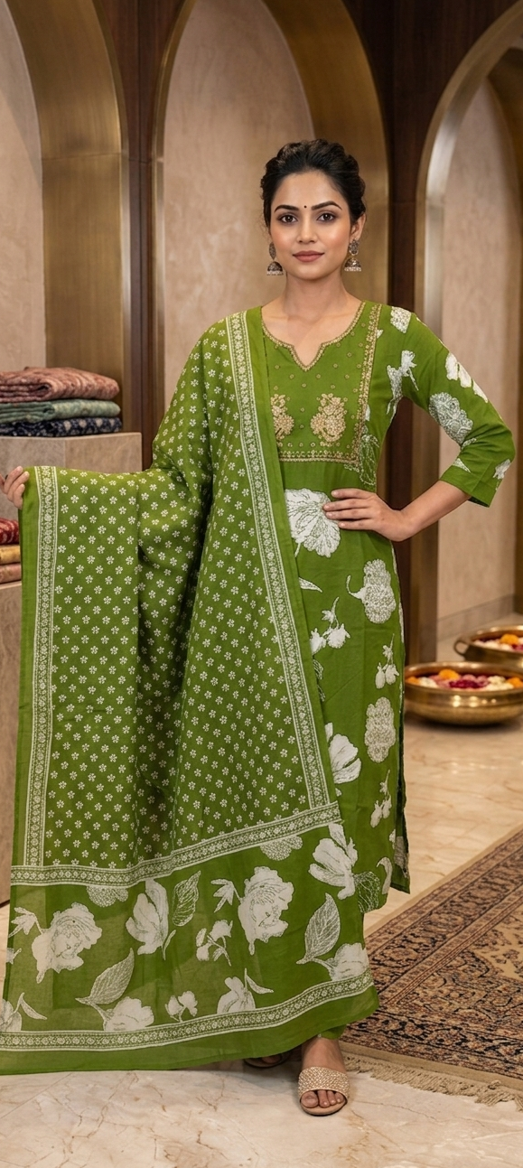 Green colour cotton fabric 3 piece suit (Z0803)