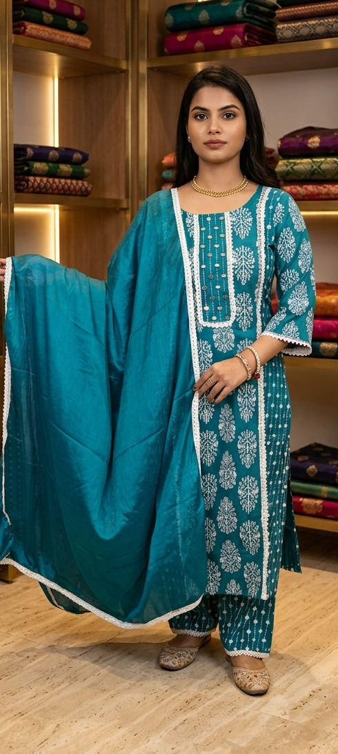 Rama green  colour Lakhnavi cotton fabric 3 piece suit (Z0806)