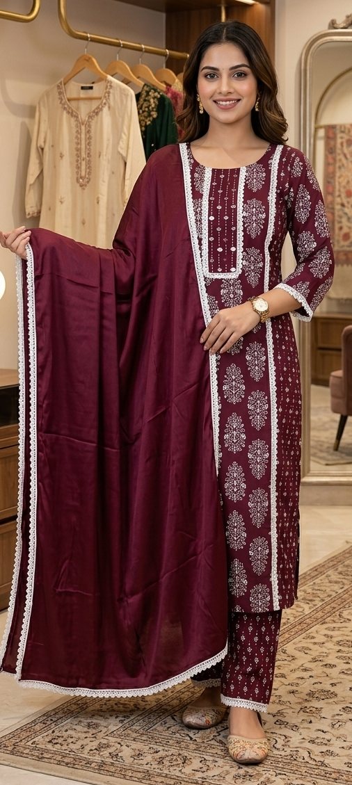 Wine colour Lakhnavi cotton fabric 3 piece suit (Z0807)