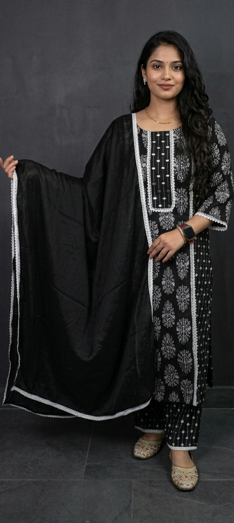 Black colour Lakhnavi cotton fabric 3 piece suit (Z0808)