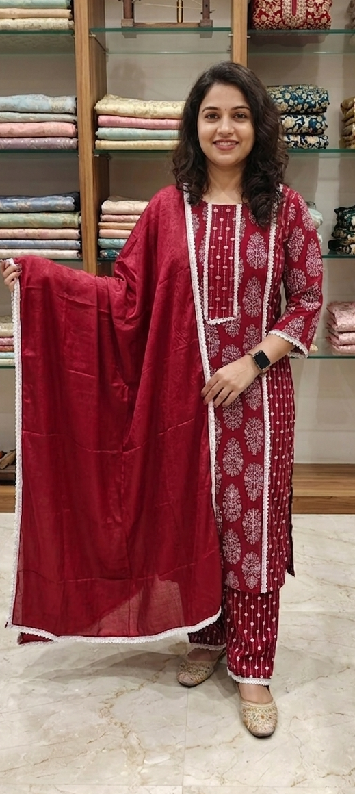 Red colour Lakhnavi cotton fabric 3 piece suit (Z0809)