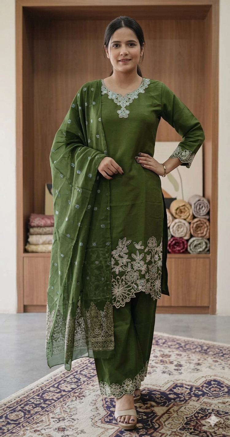 Green colour with Plazzo Partywear 3 piece suit (Z0772)