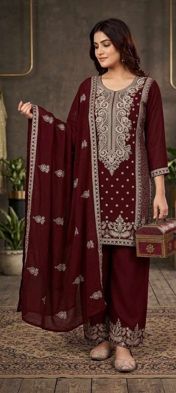 Maroon colour Embroidered Kurta Set with Dupatta (Z0770)