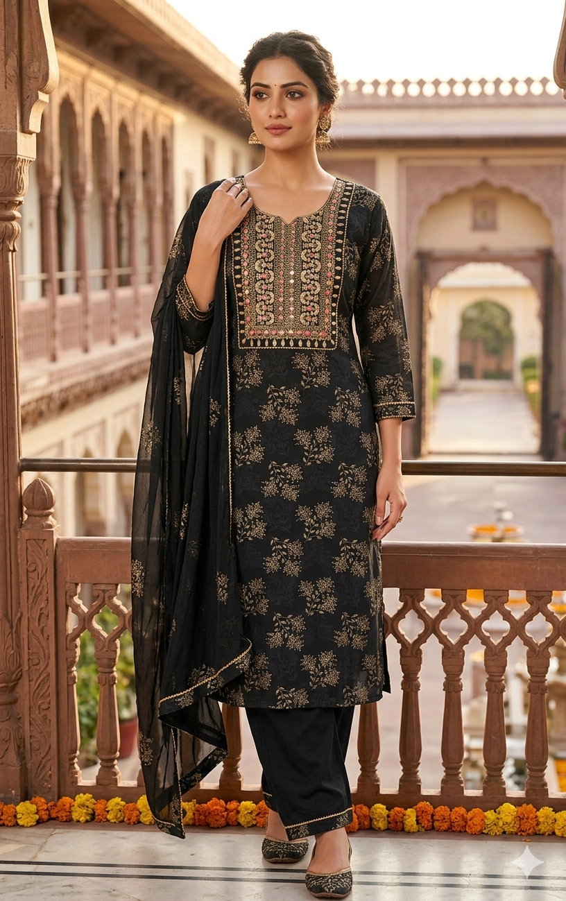Black colour reyon cotton fabric 3 piece suit (Z0812)