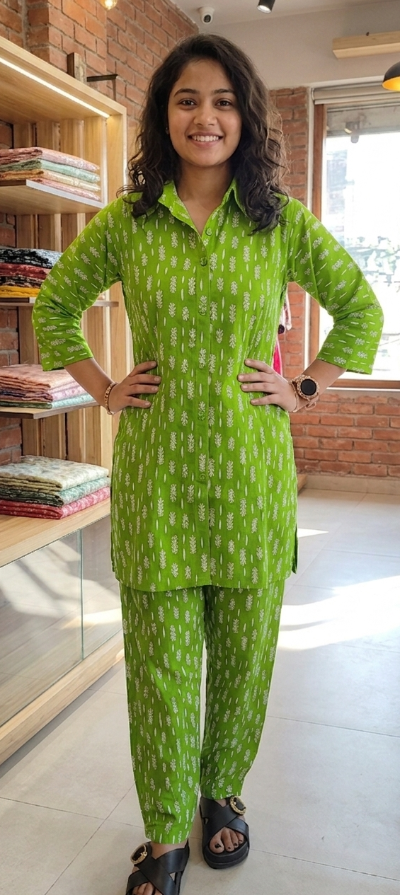 Parrot green colour cotton fabric co-ordset (Z0816)