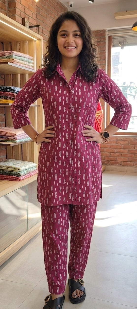 Wine green colour cotton fabric co-ordset (Z0817)