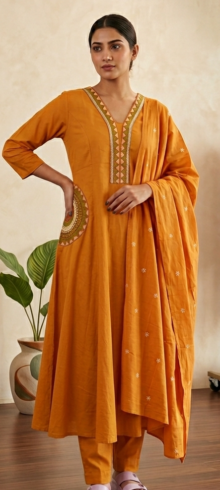 Orange colour pure cotton fabric A line 3 piece suit (Z0823)