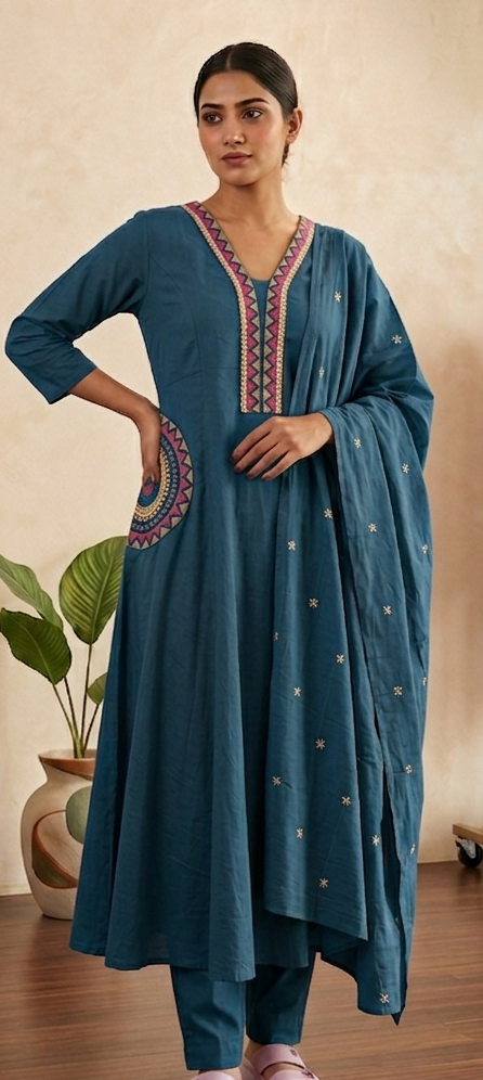 Blue colour pure cotton fabric A line 3 piece suit (Z0825)